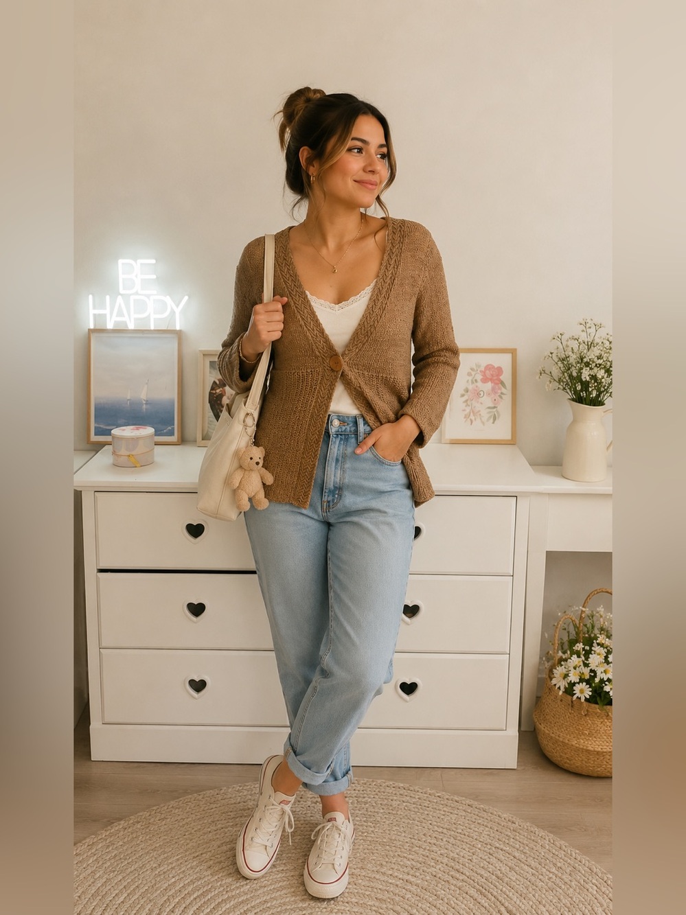 Tweeds  casual women’s Light Brown V-Neck Button Front Knit Cardigan 67% cotton